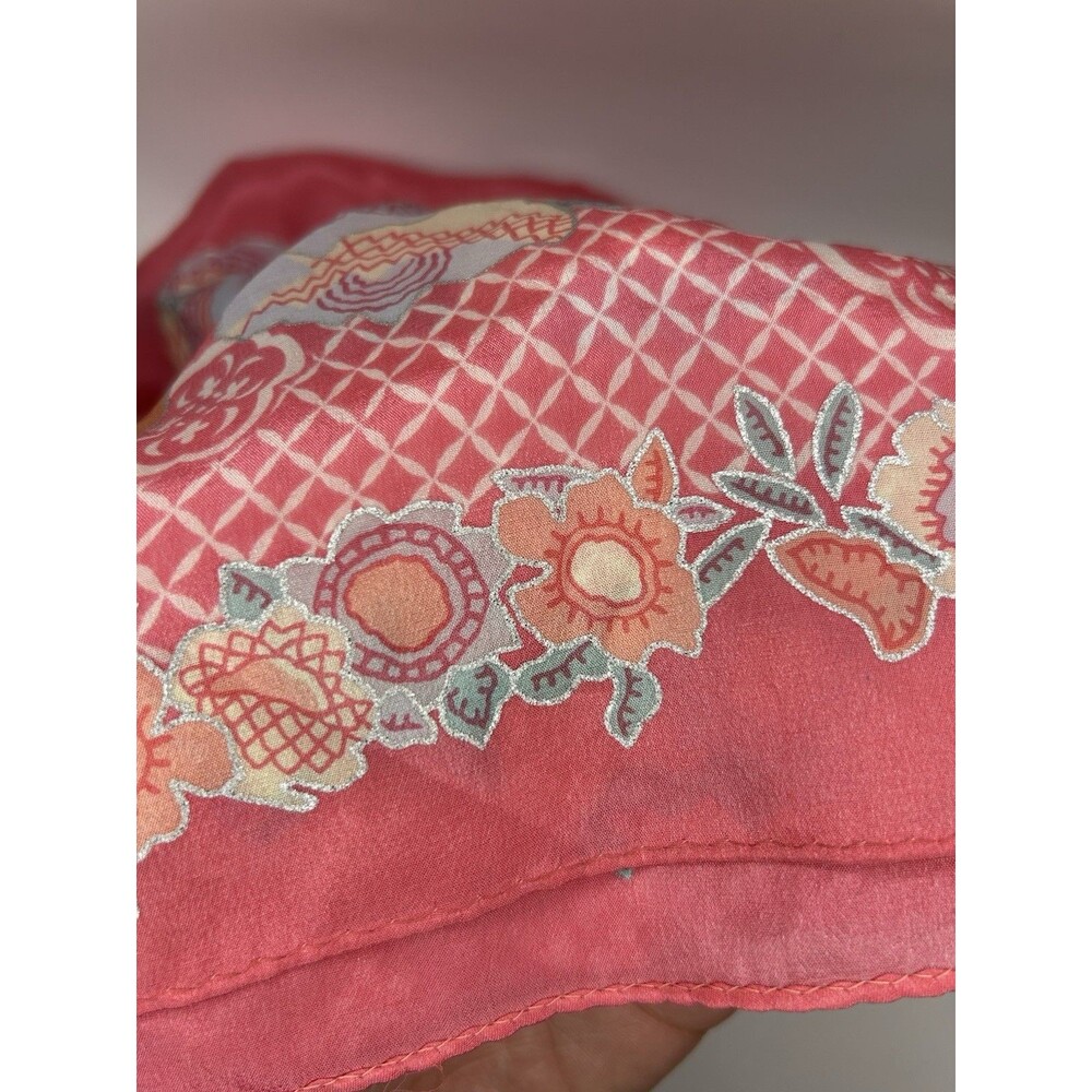Vintage Pink Silk Silver Lined Floral Scarf Long Rectangle